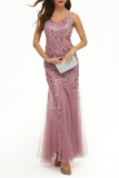 Elegant Formal Patchwork Embroidered V Neck Evening Dress Dresses