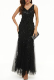 Elegant Formal Patchwork Embroidered V Neck Evening Dress Dresses