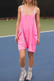 Casual Solid Pocket U Neck Loose Rompers