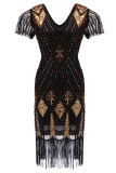 College Formal Patchwork Tassel Bead tube Zipper V Neck Evening Dress Dresses