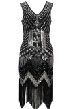 Sexy Casual Formal Patchwork Tassel Sequins Zipper V Neck Evening Dress Dresses