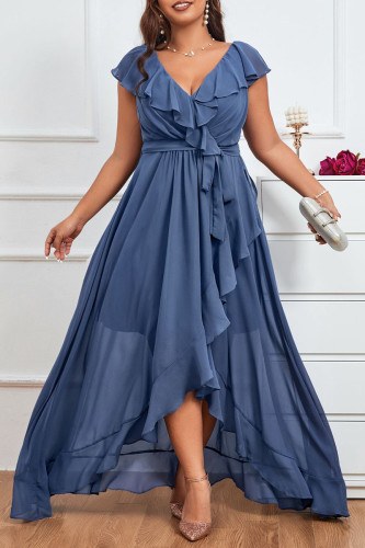 Plus Size Formal Solid Flounce V Neck Evening Dress Dresses