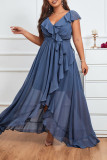Plus Size Formal Solid Flounce V Neck Evening Dress Dresses