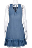 Solid Backless O Neck Sleeveless Regular Denim Dresses