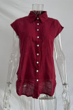 Casual Simplicity Solid Buckle Turndown Collar Tops