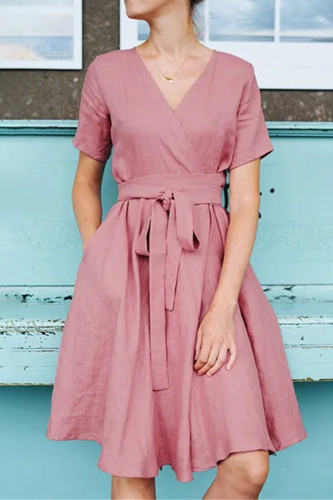 Casual Solid Pocket With Bow V Neck Short Sleeve Dress Dresses