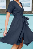 Casual Solid Pocket With Bow V Neck Short Sleeve Dress Dresses