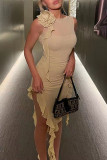 Sexy Solid See-through Asymmetrical Oblique Collar Wrapped Skirt Dresses
