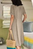 Casual Solid Pocket Buckle V Neck Short Sleeve Dress Dresses