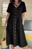 Casual Solid Pocket Buckle V Neck Short Sleeve Dress Dresses