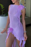 Sexy Solid See-through Asymmetrical Oblique Collar Wrapped Skirt Dresses