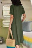 Casual Solid Pocket Buckle V Neck Short Sleeve Dress Dresses