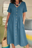 Casual Solid Pocket Buckle V Neck Short Sleeve Dress Dresses