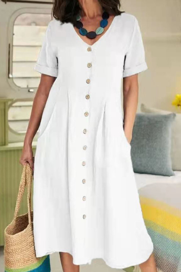 Casual Solid Pocket Buckle V Neck Short Sleeve Dress Dresses