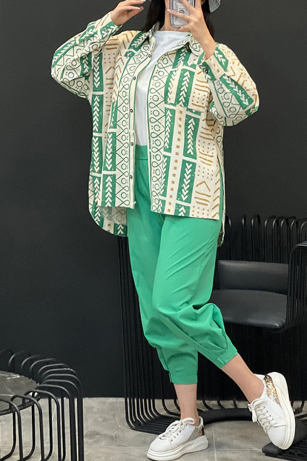 Casual Geometric Print Patchwork Turndown Collar Long Sleeve Two Pieces