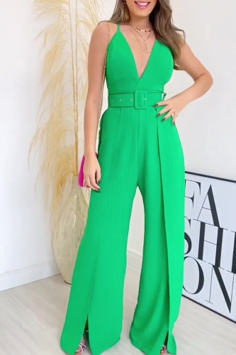 Celebrities Elegant Solid With Belt V Neck Regular Jumpsuits