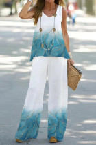 Casual Street Gradual Change Print Contrast O Neck Sleeveless Two Pieces