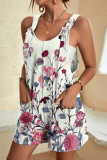 Casual Print Patchwork Pocket U Neck Loose Rompers