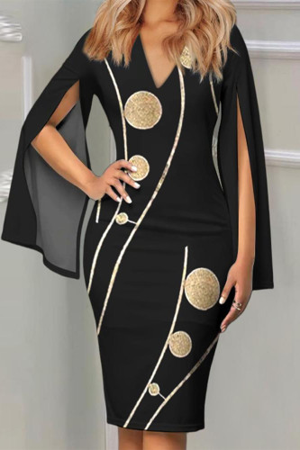 Celebrities Elegant Print Patchwork V Neck One Step Skirt Dresses
