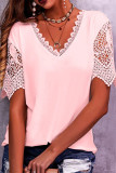 Casual Solid Hollowed Out V Neck T-Shirts