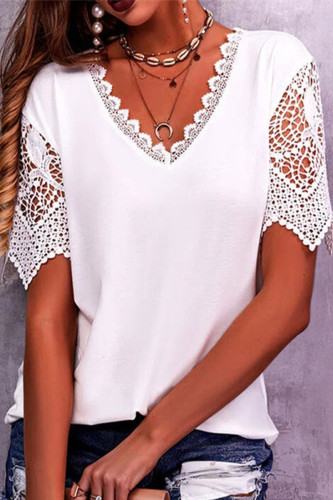 Casual Solid Hollowed Out V Neck T-Shirts