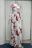 Elegant Print Patchwork Slit Oblique Collar A Line Dresses