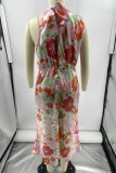 Celebrities Elegant Print Patchwork Asymmetrical Collar One Step Skirt Dresses