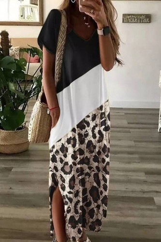 Casual Color Block Contrast V Neck Short Sleeve Dress