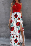 Elegant Print Patchwork Slit Oblique Collar A Line Dresses