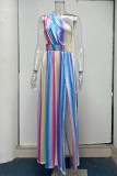Elegant Print Patchwork Slit Oblique Collar A Line Dresses