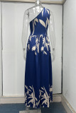 Elegant Print Patchwork Slit Oblique Collar A Line Dresses