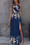 Elegant Print Patchwork Slit Oblique Collar A Line Dresses