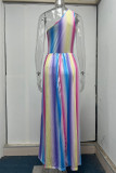 Elegant Print Patchwork Slit Oblique Collar A Line Dresses