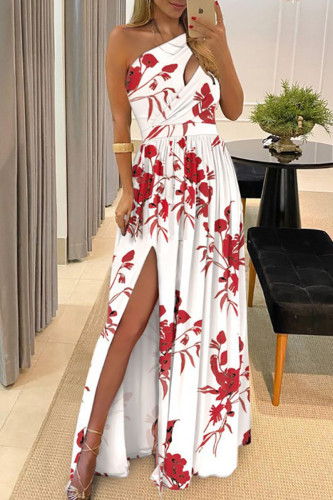 Elegant Print Patchwork Slit Oblique Collar A Line Dresses