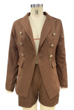 Work Elegant Solid Buttons Turn-back Collar Long Sleeve Two Pieces