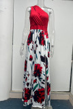 Elegant Print Patchwork Slit Oblique Collar A Line Dresses