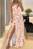 Elegant Print Patchwork Slit Oblique Collar A Line Dresses