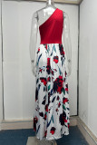 Elegant Print Patchwork Slit Oblique Collar A Line Dresses
