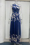 Elegant Print Patchwork Slit Oblique Collar A Line Dresses