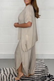 Plus Size Casual Solid Asymmetrical O Neck Short Sleeve Two Pieces