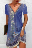 Vintage Floral Stripe Print Casual V Neck Short Sleeve Mini Dress