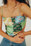 Sexy College Print Patchwork Contrast Square Collar Tops
