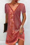 Vintage Floral Stripe Print Casual V Neck Short Sleeve Mini Dress