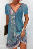 Vintage Floral Stripe Print Casual V Neck Short Sleeve Mini Dress