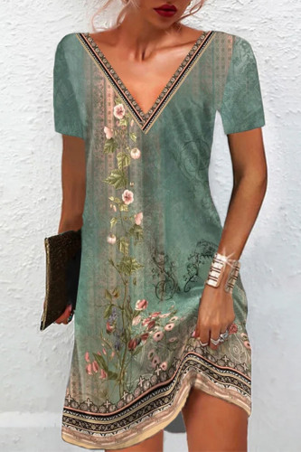 Vintage Floral Stripe Print Casual V Neck Short Sleeve Mini Dress