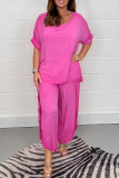 Plus Size Casual Solid Asymmetrical O Neck Short Sleeve Two Pieces