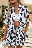 Casual Daily Geometric Print Contrast Turndown Collar Short Sleeve Two Pieces