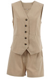 Work British Style Solid Buttons V Neck Sleeveless Two Pieces