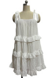 Sexy Simplicity Solid Frenulum Square Collar Cake Skirt Dresses