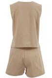 Work British Style Solid Buttons V Neck Sleeveless Two Pieces